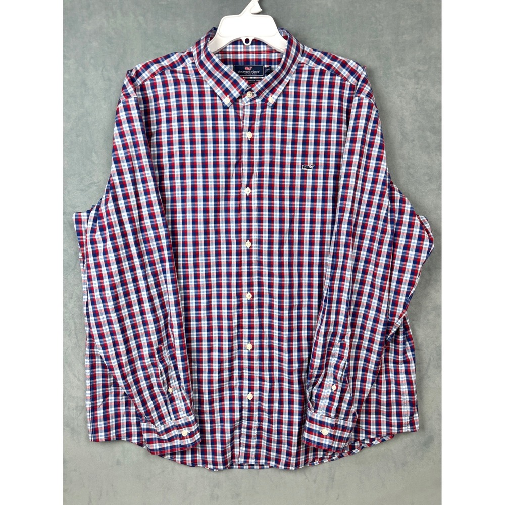 Vineyard Vines Classic Fit Whale Shirt Mens XXL Red White Blue Plaid Button Down